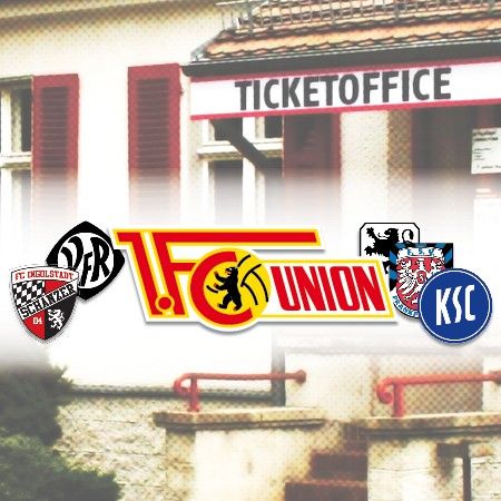 Logo des 1. FC Union Berlin mit verschiedenen Vereinswappen im Hintergrund, darunter die Wappen von Erzgebirge Aue und KSC.