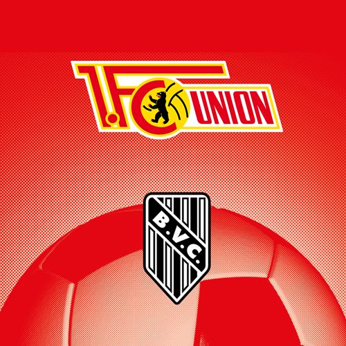 Logo des 1. FC Union und B.V.C. auf rotem Hintergrund, mit einem ehemaligen Fußball im Vordergrund.