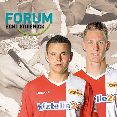 Zwei Fußballspieler in roten Trikots stehen nebeneinander, mit einem Grafikelement und dem Text "FORUM ECHT Köpenick" im Hintergrund.