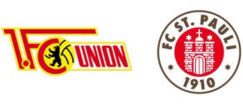 Logos von 1. FC Union Berlin und FC St. Pauli auf weißem Hintergrund.
