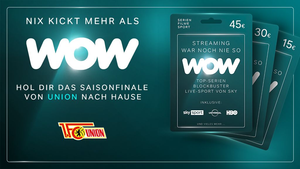 Ein Werbebild für das Streaming-Angebot "WOW" mit Informationen zu Preisen und Inhalten sowie dem Logo von 1. FC Union.