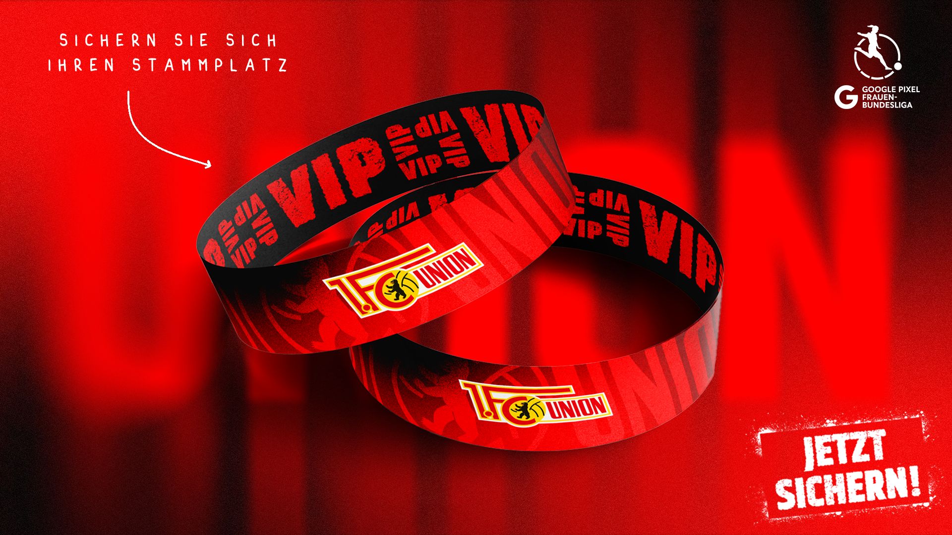 Zwei rote Armbänder mit dem Aufdruck "VIP UNION" auf einem rot-blauen Hintergrund.