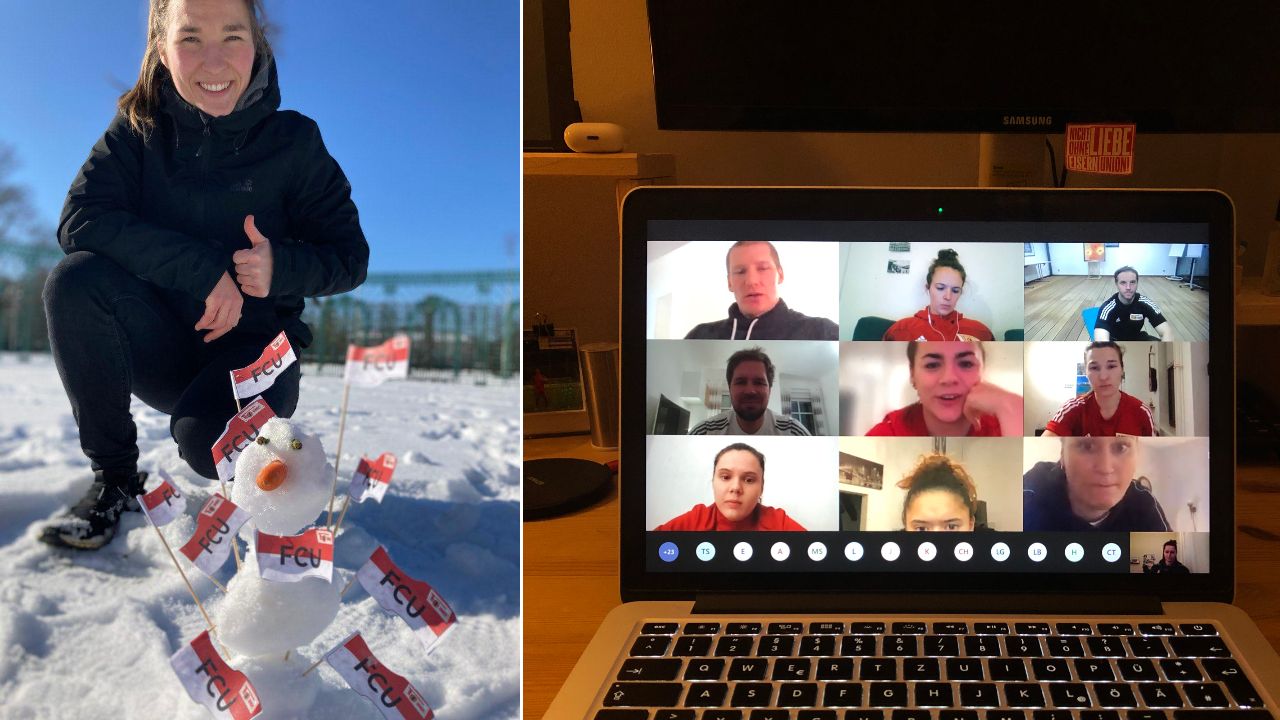 Eine Person mit einer roten Mütze posiert neben einem Schneemann, während auf einem Laptop ein Videocall mit mehreren Personen sichtbar ist.