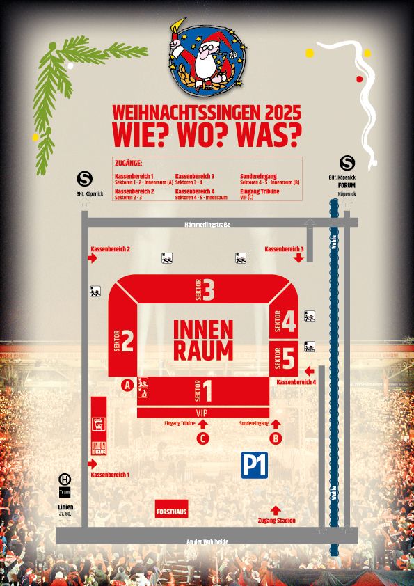 Plan für die Veranstaltung "Weihnachtssingen 2025" mit Bereichsangaben, Zugängen und einem markierten Innenraum.