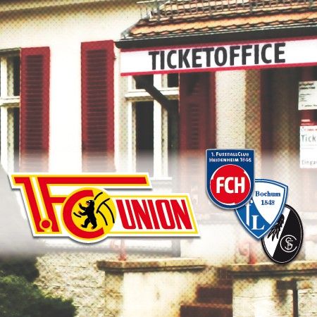 Ticketbüro mit Logos von 1. FC Union Berlin, FC Heidenheim und VfL Bochum auf einem überlagernden Hintergrund.