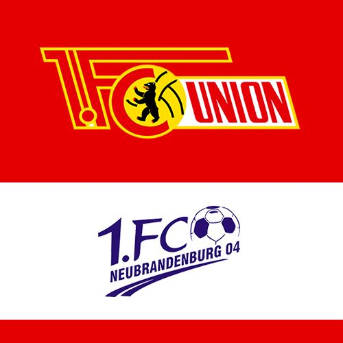 Logo von 1. FC Union und 1. FC Neubrandenburg 04 auf rotem Hintergrund.