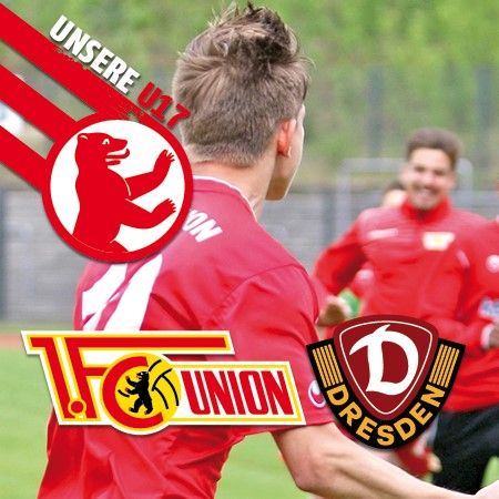 Ein Fußballspieler in rotem Trikot, der in Richtung Kamera läuft, mit Logos von 1. FC Union und Dynamo Dresden im Bild.