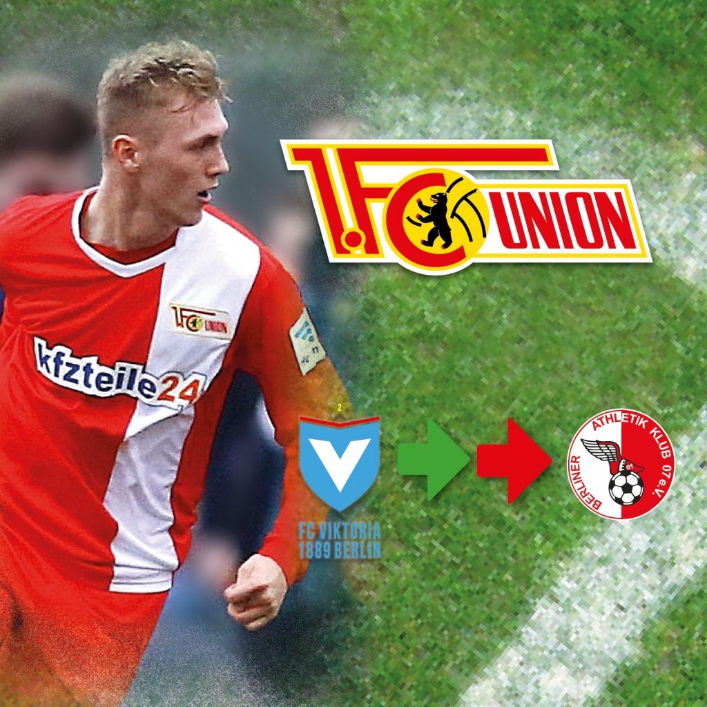 Ein Fußballspieler in rot-weißem Trikot des FC Union Berlin, während der Vereinslogo im Hintergrund sichtbar ist.