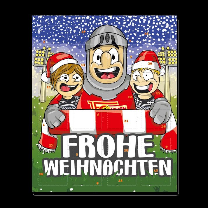 Comic-Illustration mit einem fröhlichen Ritter und zwei Kindern in Weihnachtsmütze vor einem weihnachtlichen Hintergrund. Text: "FROHE WEIHNACHTEN".