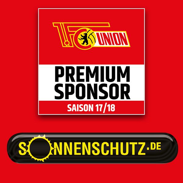 Logo von 1. FC Union Berlin mit der Beschriftung „Premium Sponsor Saison 17/18“ und dem Schriftzug „sonnenschutz.de“.