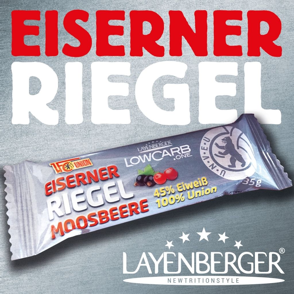 Eisenriegel mit dem Geschmack Moosbeere, verpackt in einer bunten Hülle mit Markenlogo und Nährwertangaben.