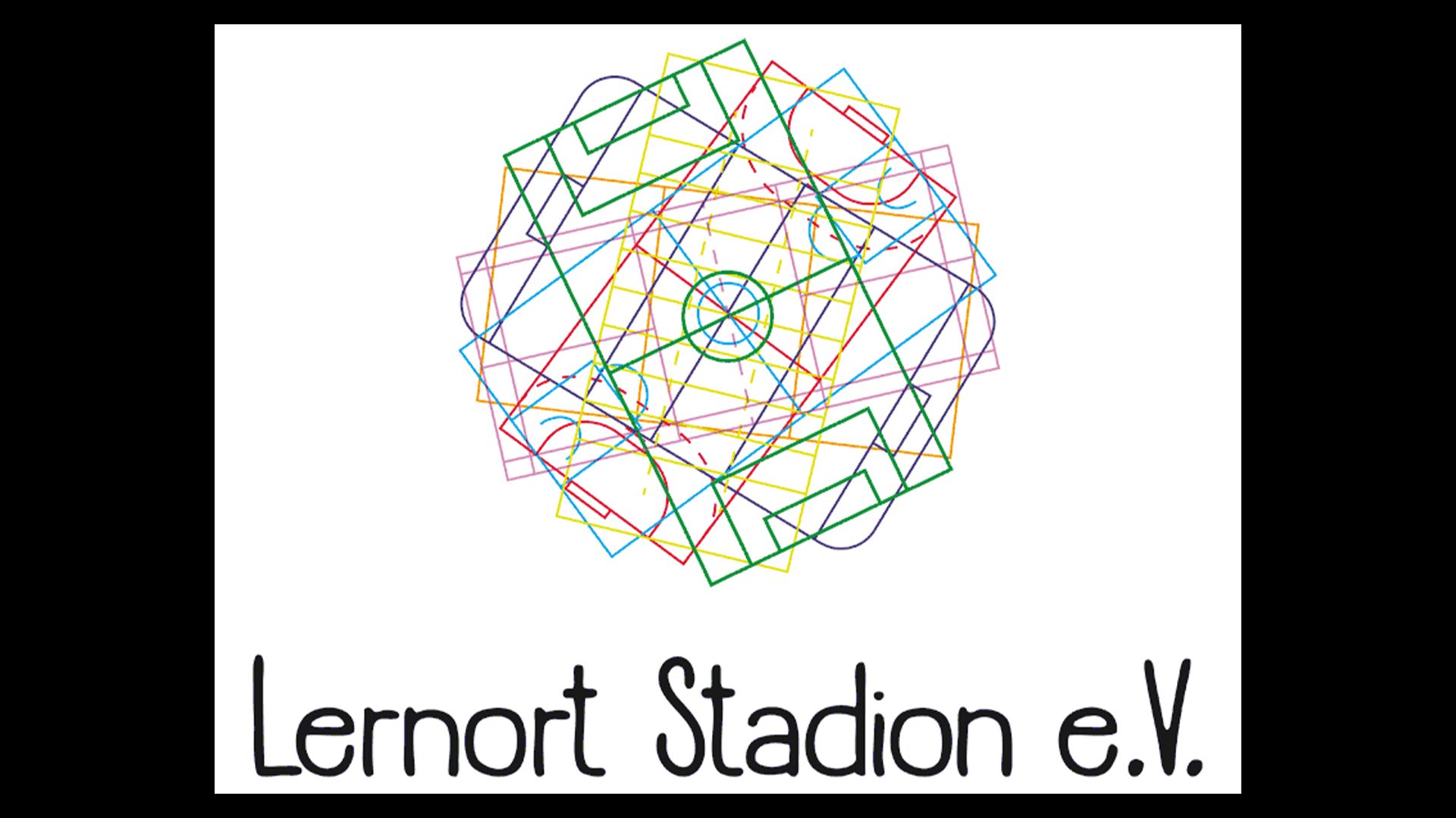 Das Bild zeigt ein farbenfrohes, geometrisches Muster mit dem Text "Lernort Stadion e.V." darunter.
