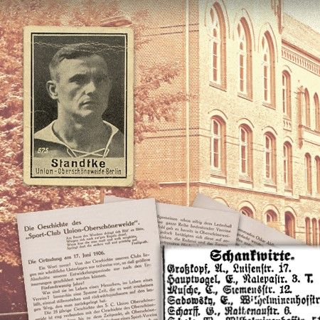 Historisches Dokument mit einem Portraitfoto eines Sportlers und Texten über den Sport-Club Union-Oberschöneweide.