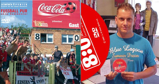 Ein Collagebild mit Fußballfans im Stadion, einer Coca-Cola-Werbung und einer Person, die eine DVD hält.