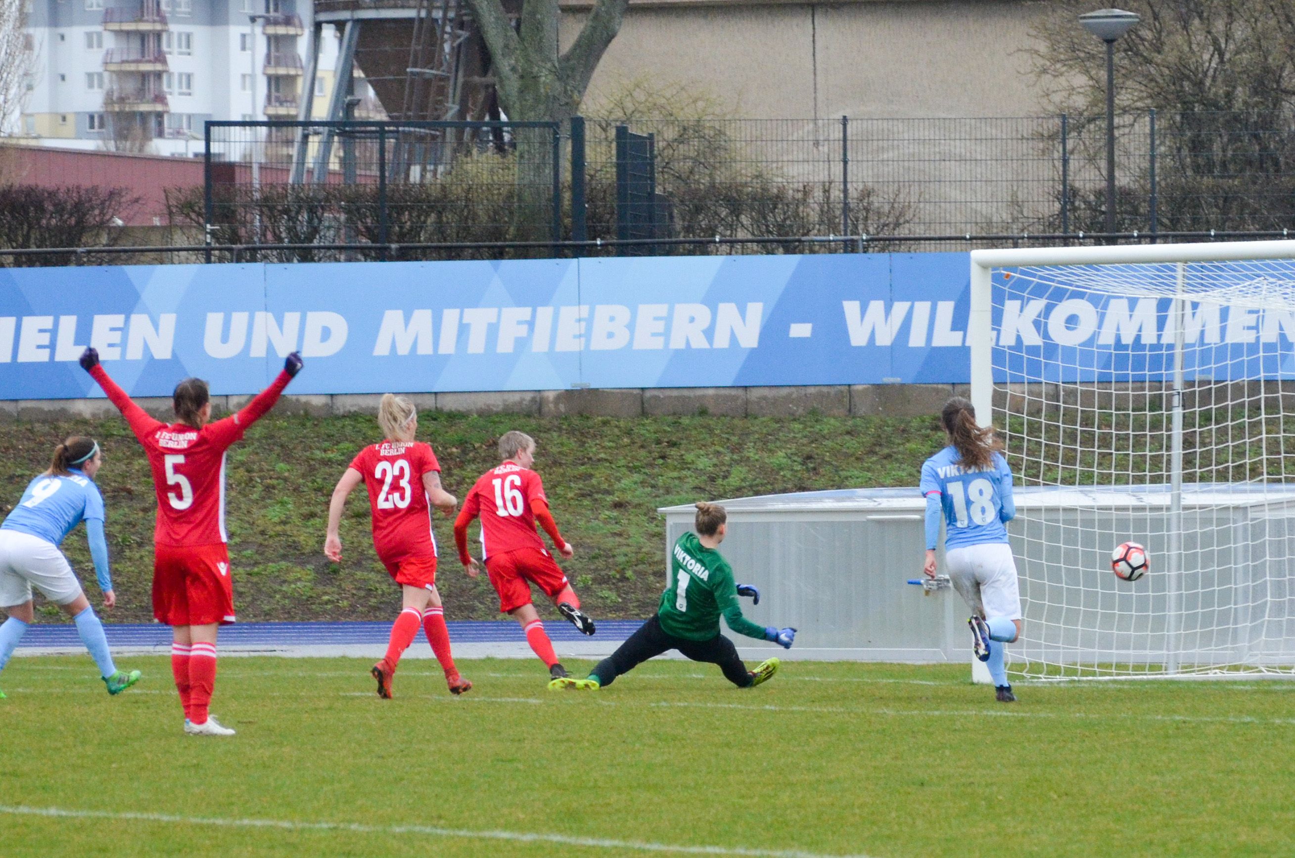 Eine Fußballspielszene: Spielerinnen in roten und blauen Trikots jubeln, während der Ball ins Tor fliegt.