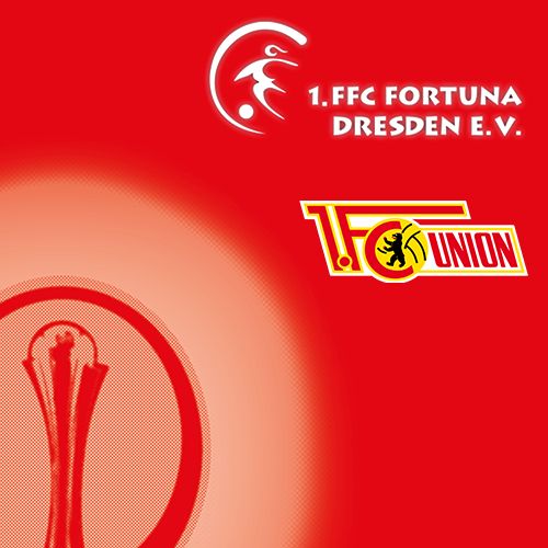 Logo des 1. FFC Fortuna Dresden e.V. und Logo von 1. FC Union, auf rotem Hintergrund dargestellt.
