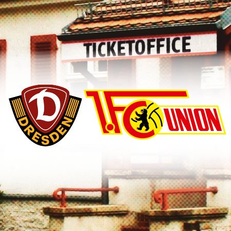Logo von Dynamo Dresden und 1. FC Union, darunter das Schild "Ticket Office".