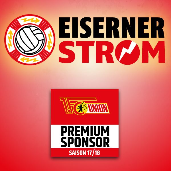 Logo von "Eiserner Strom" über dem Sponsorenlogo des FC Union Berlin für die Saison 17/18.