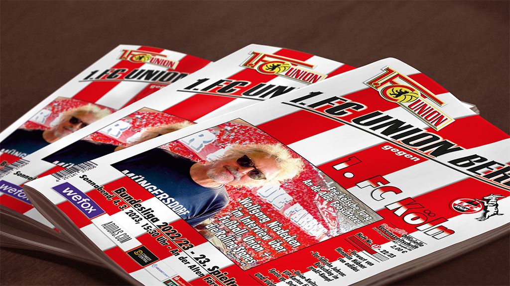 Drei Ausgaben eines Fanzines mit dem Titel "1. FC UNION BERLIN gegen 1. FC KOELN", jeweils mit einem Bild eines Mannes.