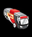 Grafische Darstellung eines stylisierten Busses in Rot und Grau mit einem Logo auf der Seite.
