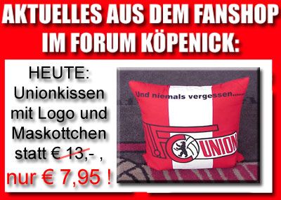 Rotes Kissen mit dem Logo und Maskottchen von Union, Angebotspreis 7,95 € statt 13 €, Hintergrund in Weiß und Rot.