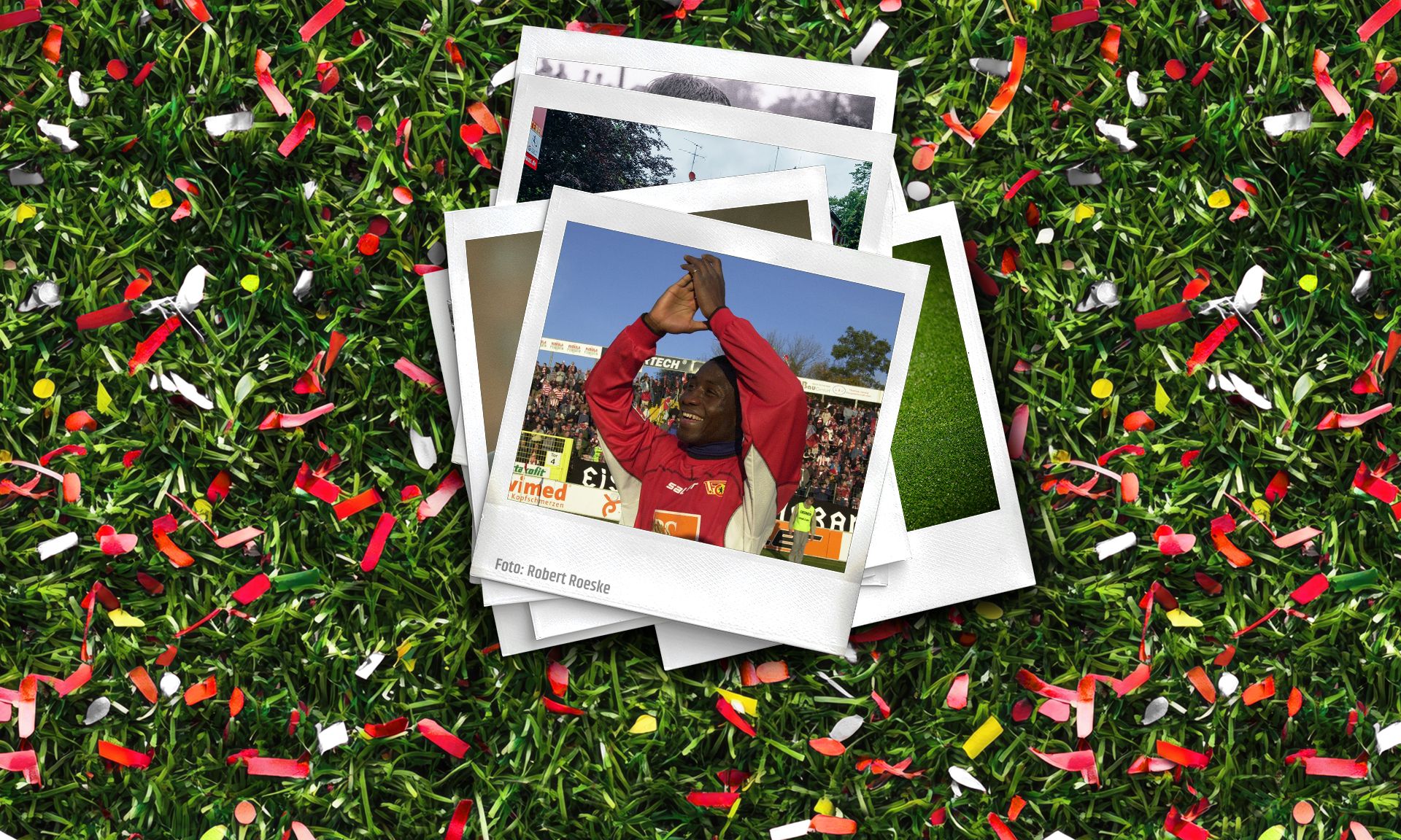 Eine Collage aus Polaroid-Fotos, die auf grünem Gras mit buntem Konfetti angeordnet sind.