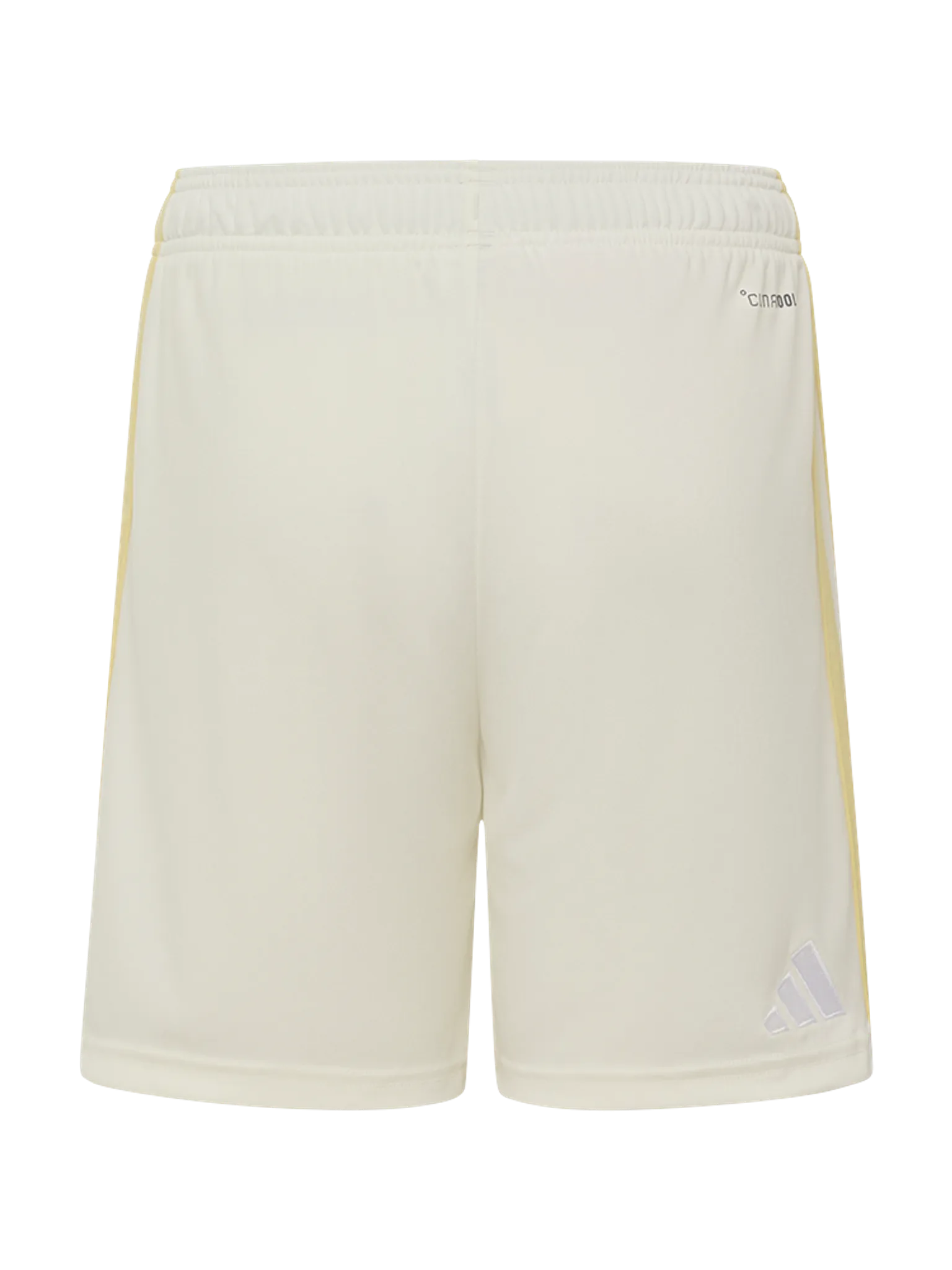 Beige Sportshorts aus einem atmungsaktiven Material mit elastischem Bund und dem adidas-Logo auf dem linken Bein.