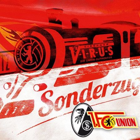 Logo von 1. FC Union und grafische Elemente eines Sonderzugs in Rot und Schwarz, mit dem Schriftzug "Sonderzüge".