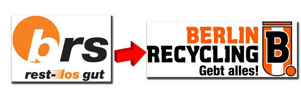 Zwei Logos: Links das Logo von BRS mit dem Slogan „restlos gut“, rechts das Logo von Berlin Recycling mit dem Slogan „Gebt alles!“.