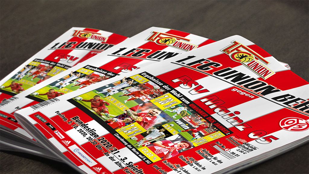 Cover von Spieltagsheften des 1. FC Union Berlin, die gegen den 1. FSV Mainz 05 spielen.