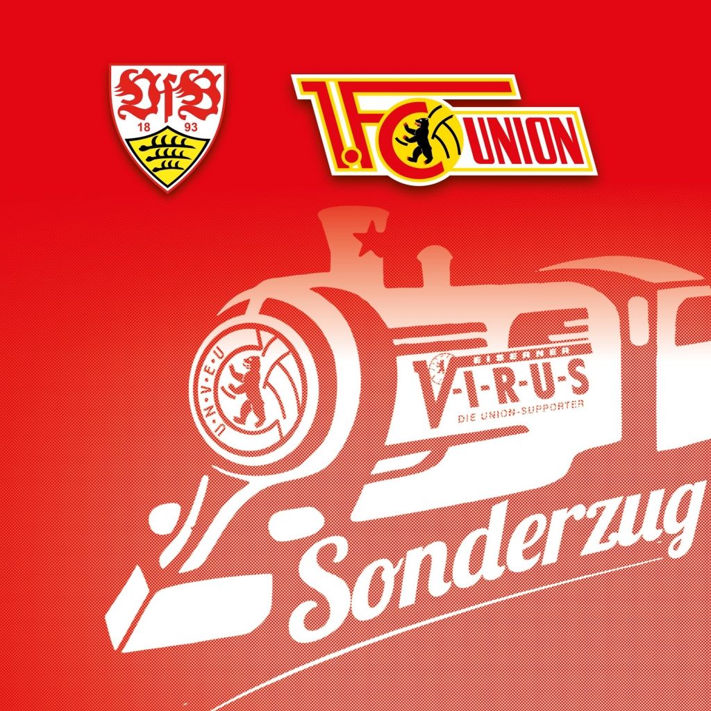 Logo des VfB Stuttgart und 1. FC Union mit einer stilisierten Lokomotive und dem Text "Sonderzug". Hintergrund in Rot.