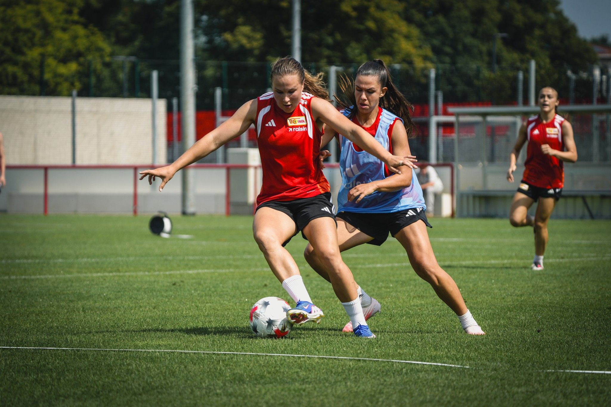 Zwei Frauen im Fußballtrainingsspiel, eine spielt den Ball, die andere versucht, diesen zu erobern. Grüne Wiese im Hintergrund.