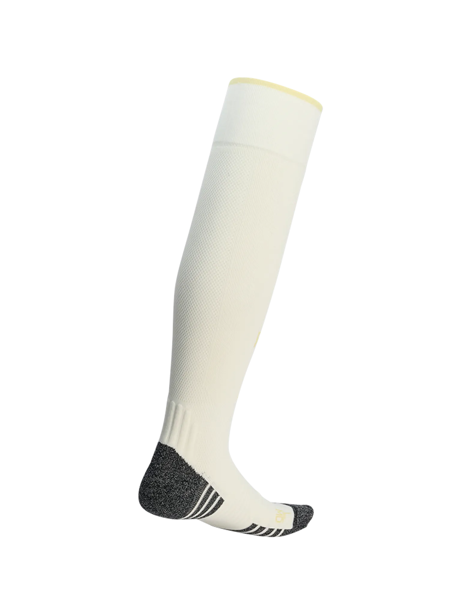 Ein einzelner weißer Socken mit schwarzem Fußbereich und einem strukturierten Design.