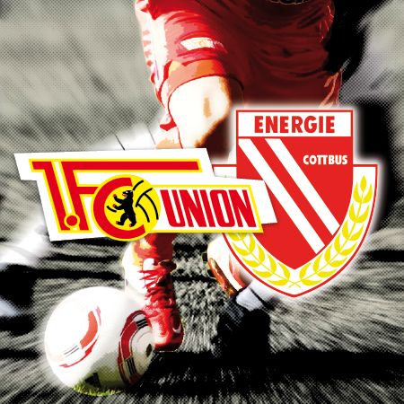 Logo von 1. FC Union Berlin und Energie Cottbus vor einem dynamischen Hintergrund mit einem Fußball.