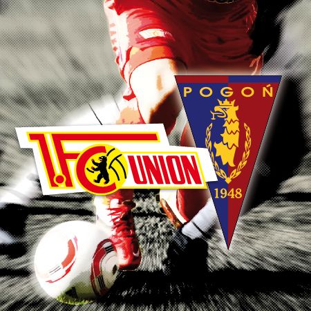 Logo des 1. FC Union und von Pogon Szczecin mit einem Fußball im Vordergrund.