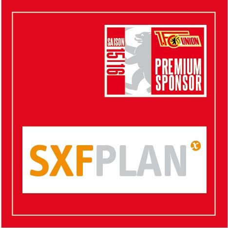 Logo von 1. FC Union für die Saison 2015/16, mit dem Hinweis auf den Premium-Sponsor "SXFPLAN".