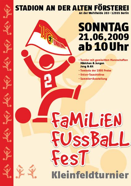 Plakat für ein Familienturnier im Stadion an der Alten Försterei in Berlin, mit Informationen zu Datum, Uhrzeit und Aktivitäten.