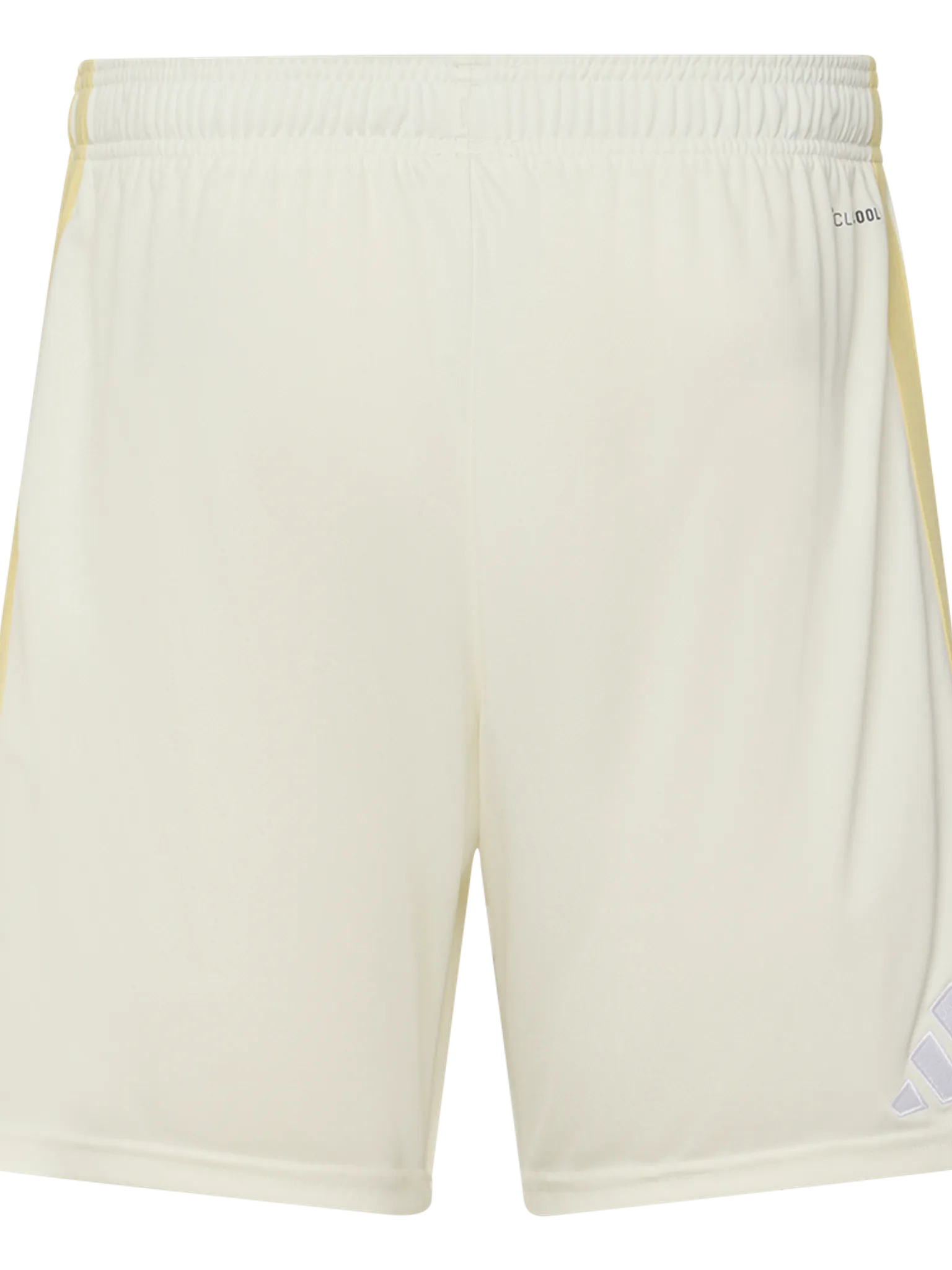 Beige Sportshorts mit elastischem Bund und Adidas-Logo in der unteren Ecke.