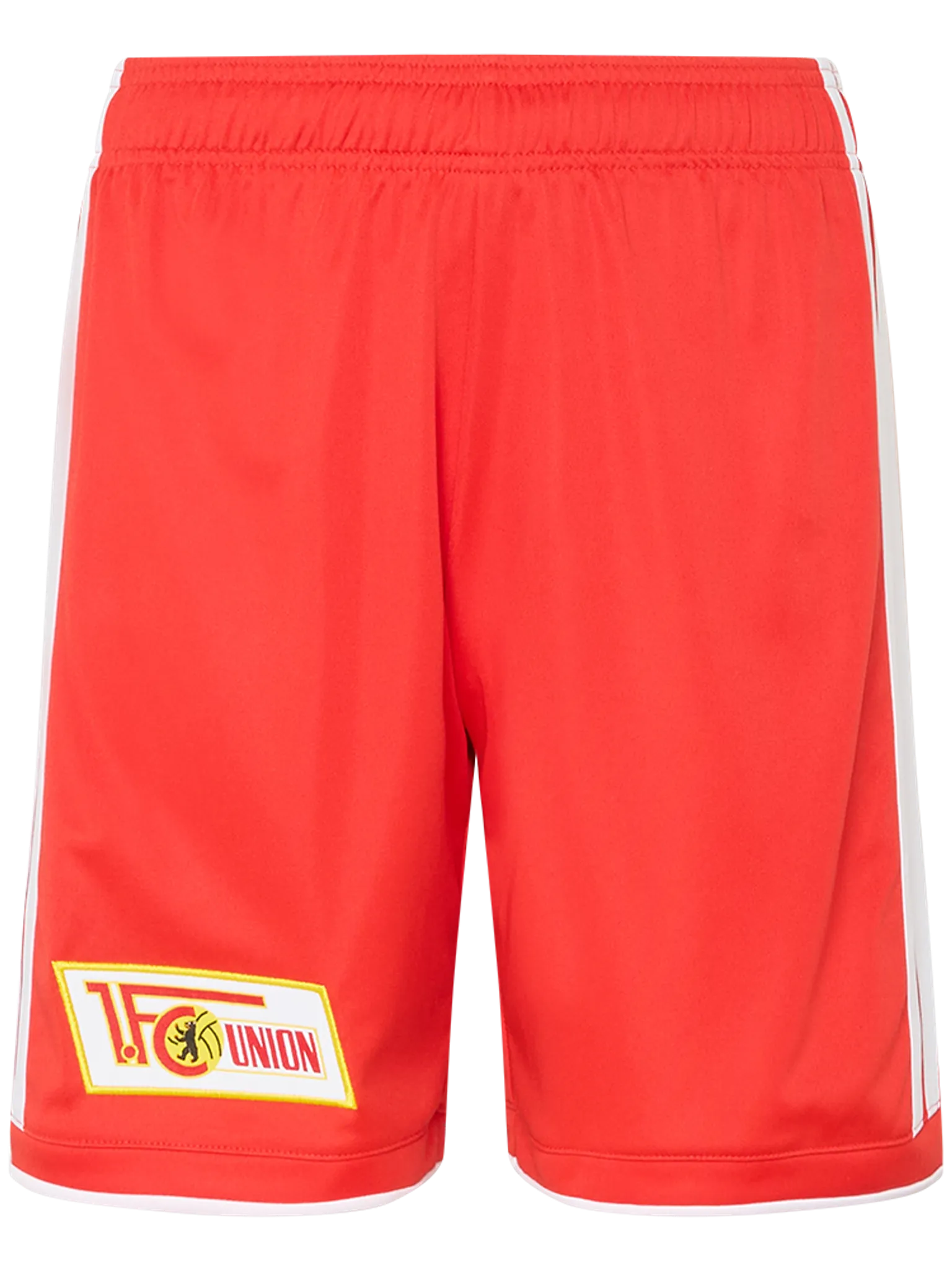 Rote Fußballshorts mit dem Logo des FC Union Berlin auf der linken Seite.