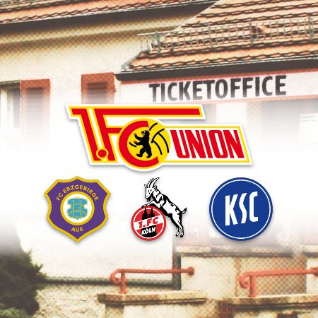 Logo des 1. FC Union Berlin sowie Logos von Erzgebirge Aue, 1. FC Köln und KSC, Hintergrund mit einer Ticketbüro-Anzeige.