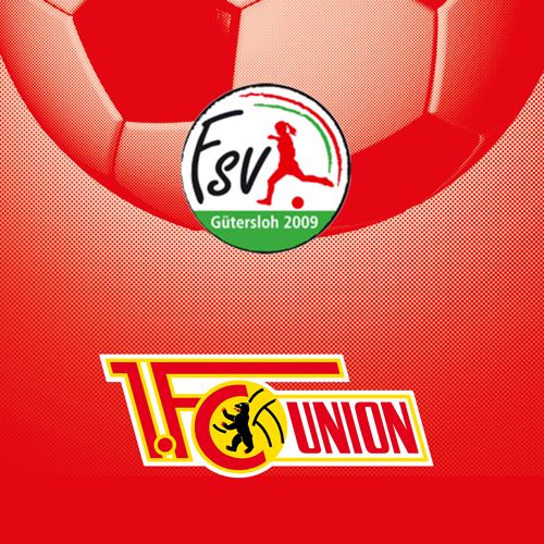 Logo des FSV Gütersloh 2009 und des 1. FC Union auf rotem Hintergrund mit einem Fußballmotiv.