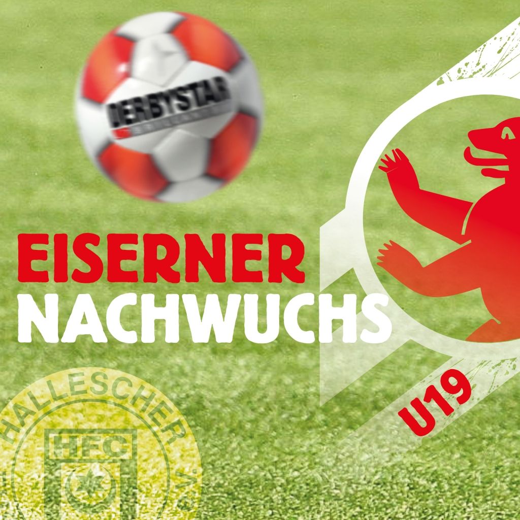 Logo des Eiserner Nachwuchs U19 mit einem Fußball und dem Schriftzug "DERBYSTAR" auf grünem Rasen.