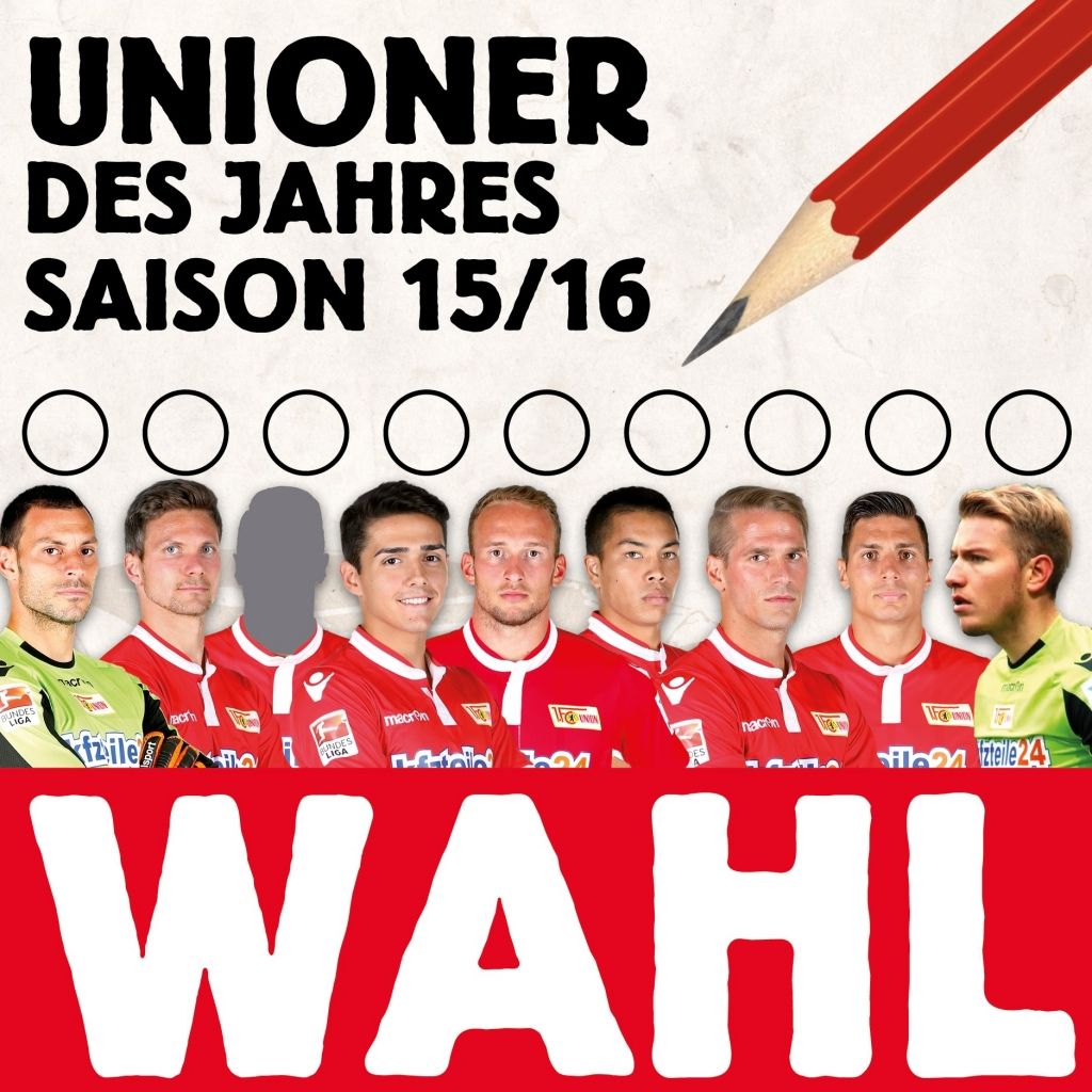 Collage von Fußballspielern in roten Trikots mit der Beschriftung "Unioner des Jahres Saison 15/16" und einem Wahlformular.