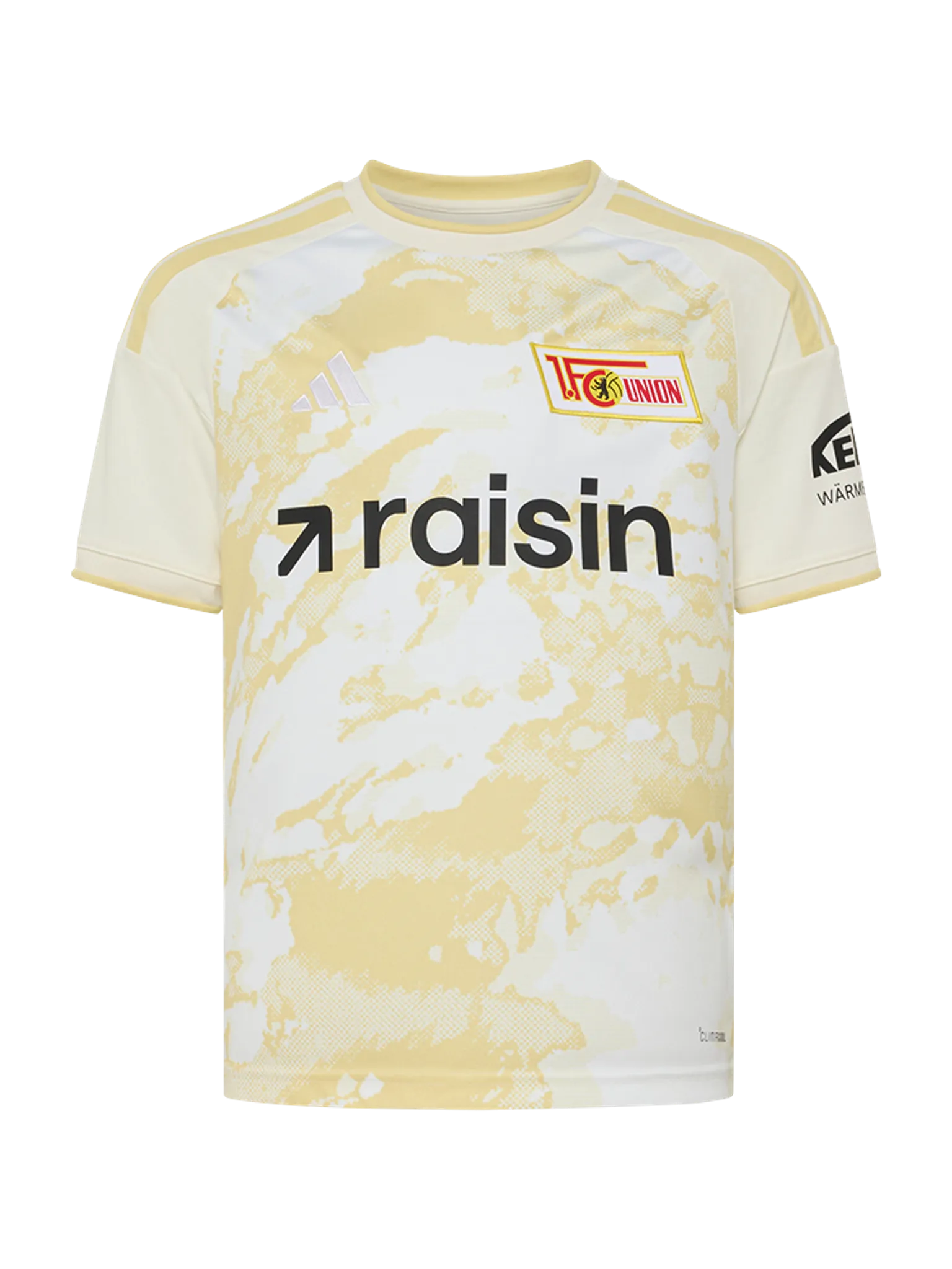 Helles Trikot der Fußballmannschaft 1. FC Union Berlin mit abgebildetem Logo, Schriftzug und einem einzigartigen Muster.