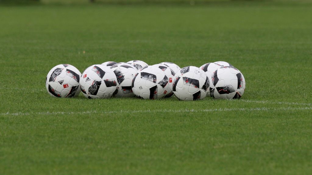 Eine Gruppe von mehreren schwarzen und weißen Fußballen liegt auf grünem Rasen.