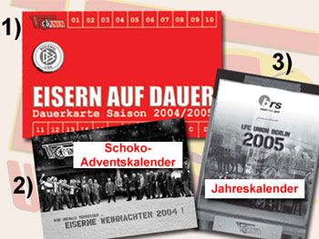 Bildcollage mit drei Kalendern: eine Dauerkarte, ein Adventskalender und ein Jahreskalender, alle aus verschiedenen Jahreszeiten.