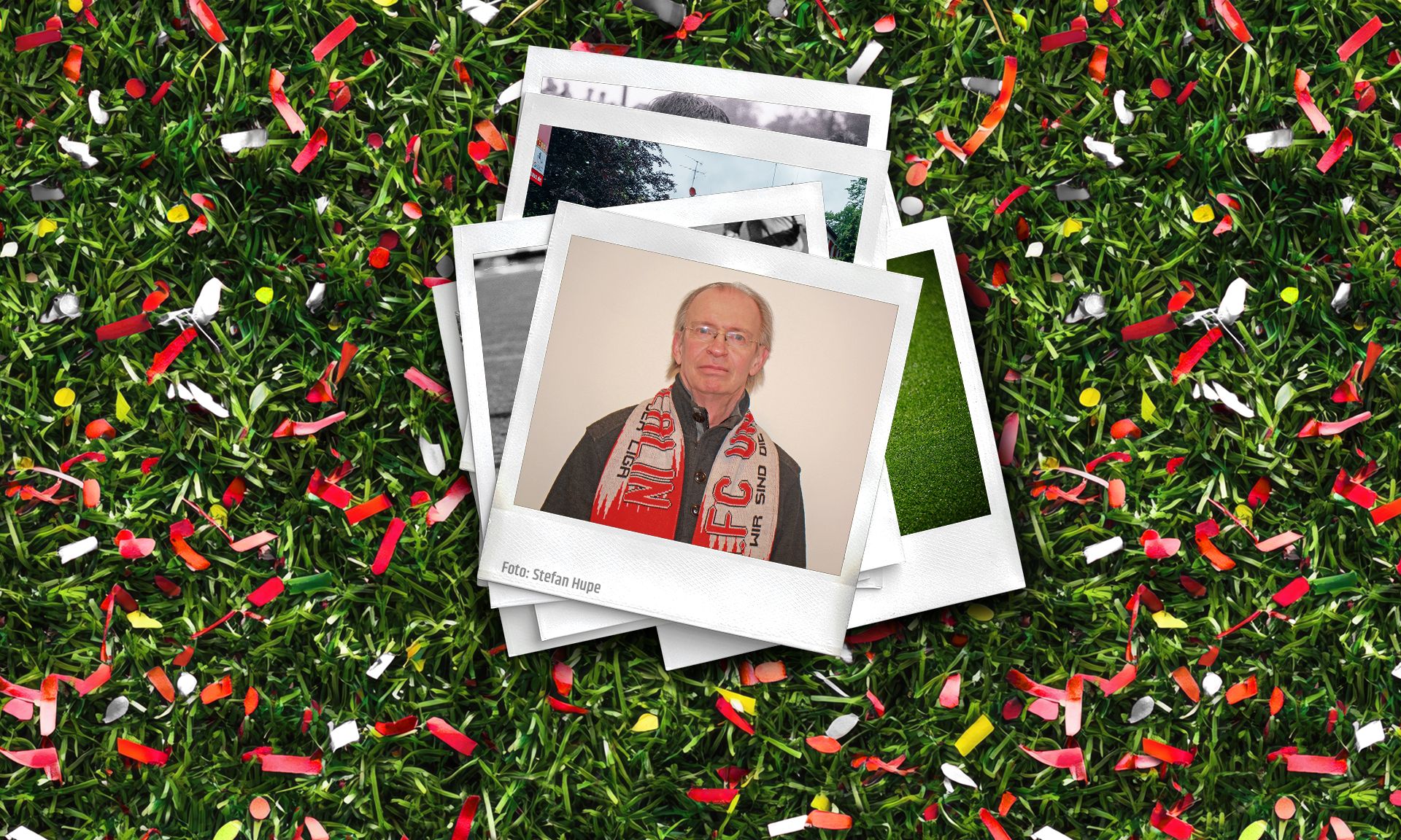 Ein Mann mit einer Scarf auf einem Stapel Polaroid-Fotos, umgeben von grüner Rasenfläche und buntem Konfetti.