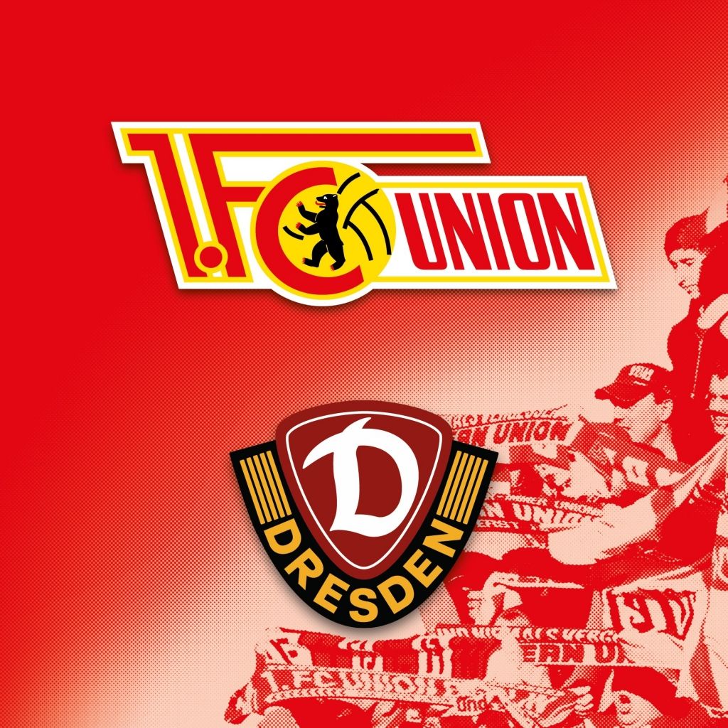 Logo des 1. FC Union Berlin oben, darunter das Logo von Dynamo Dresden, vor rotem Hintergrund.