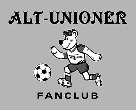 Ein stilisierter Bär in Fußballkleidung spielt mit einem Ball, umgeben von der Aufschrift "ALT-UNIONER FANCLUB".