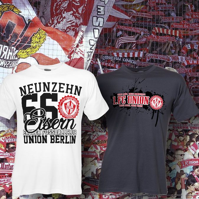 Zwei T-Shirts mit Aufdrucken des 1. FC Union Berlin, eines in Weiß mit dem Text "Neunzehn 66", das andere in Schwarz.